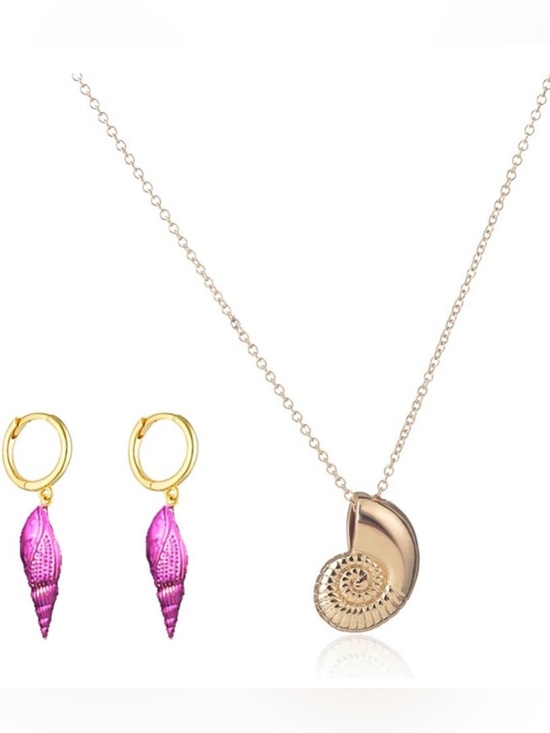 Jewelry - Gold Nautilus Pendant Necklace with Pink Shell Drop Earrings - Women's Jewelry